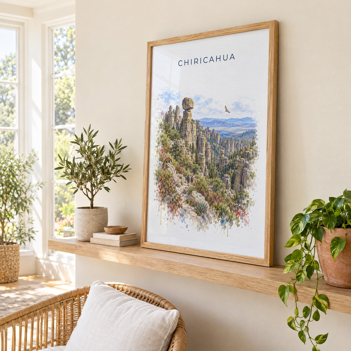 Chiricahua National Park watercolor print in an oak frame on a picture ledge in a sunlit sunroom