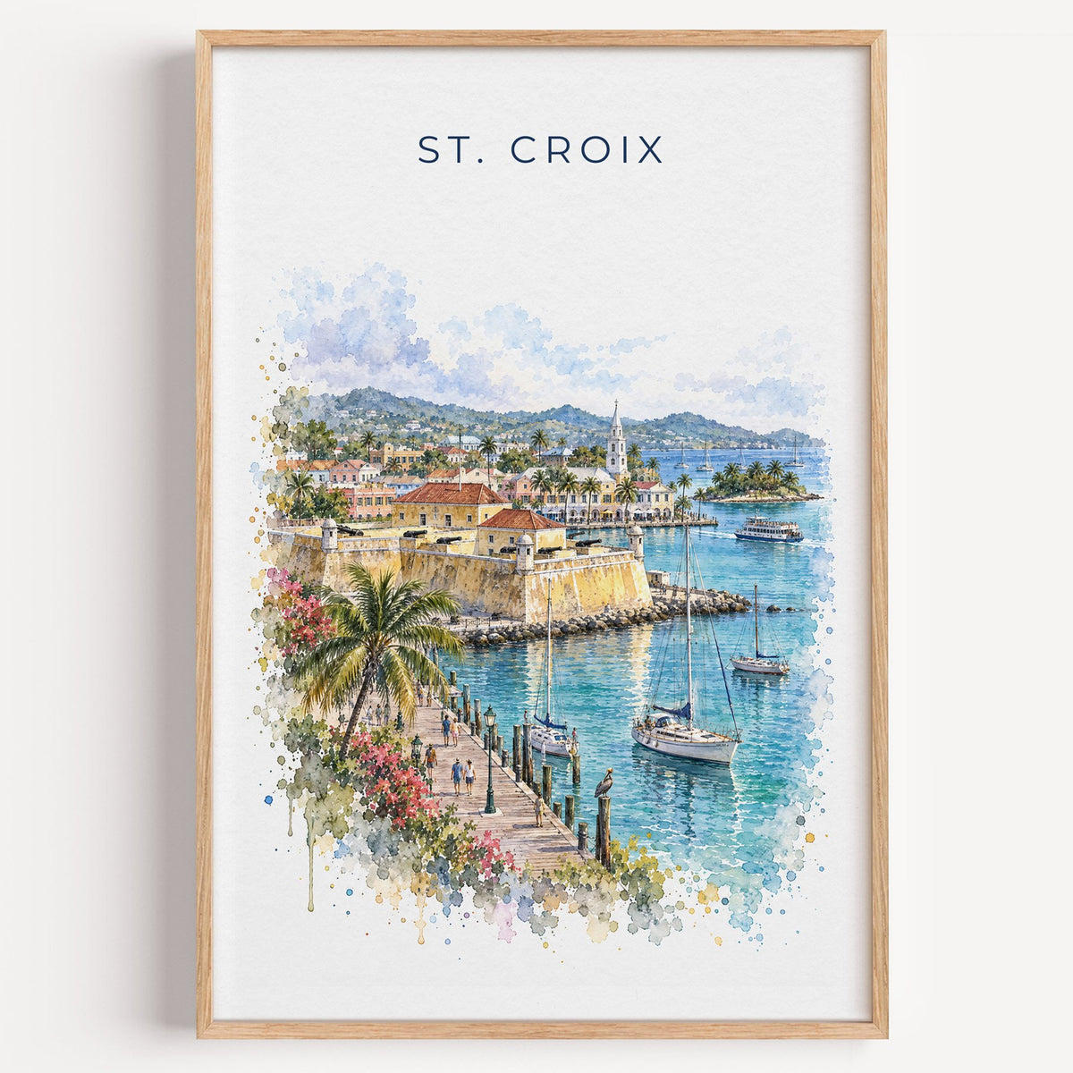 St. Croix watercolor print in a light oak frame on a plain white wall