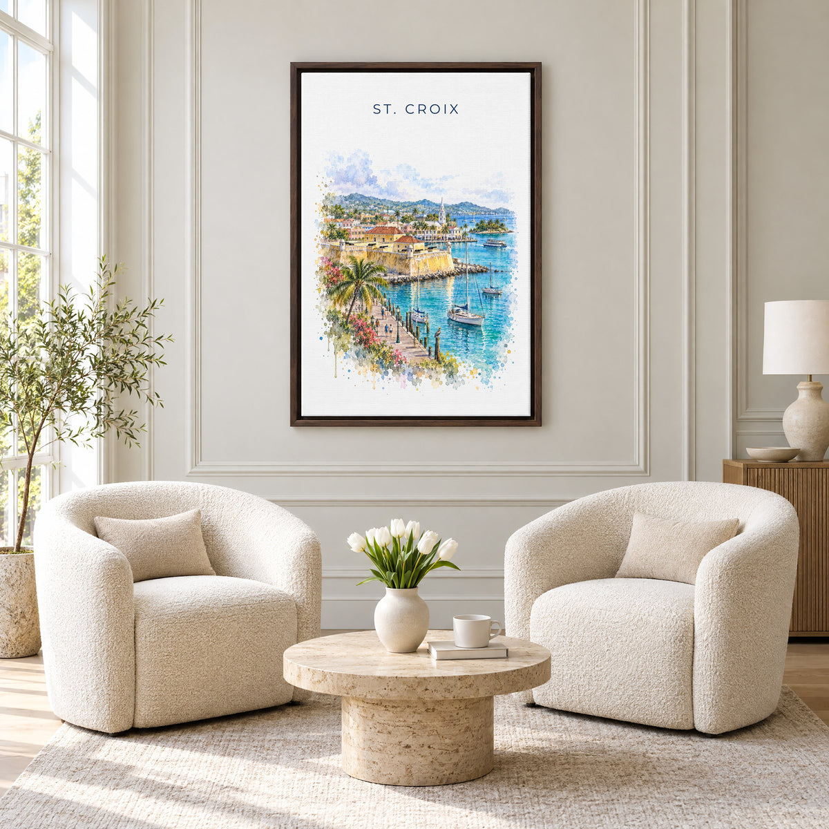 St. Croix watercolor print as an espresso floater canvas above two boucle armchairs in a hotel lounge