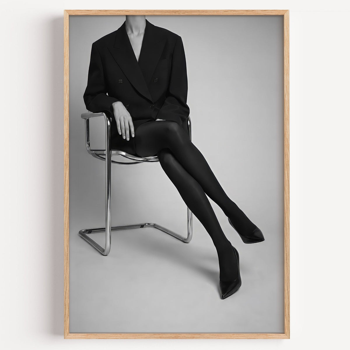 Black and white chrome chair blazer studio print in a light oak frame on a plain white wall