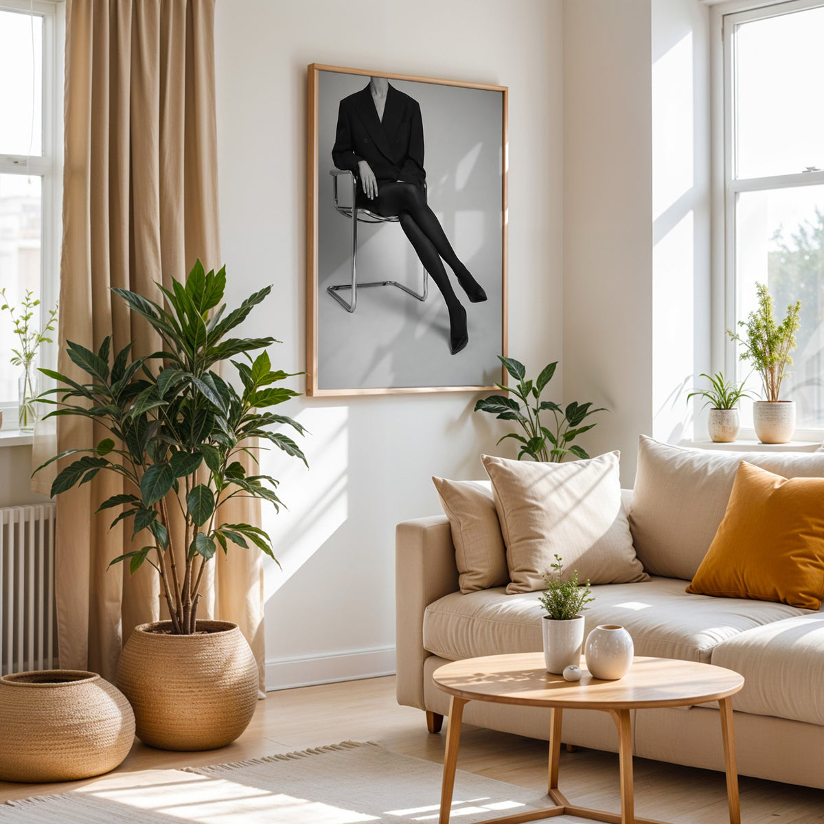 Black and white chrome chair blazer studio print in an oak frame above a cream sofa beside woven planters