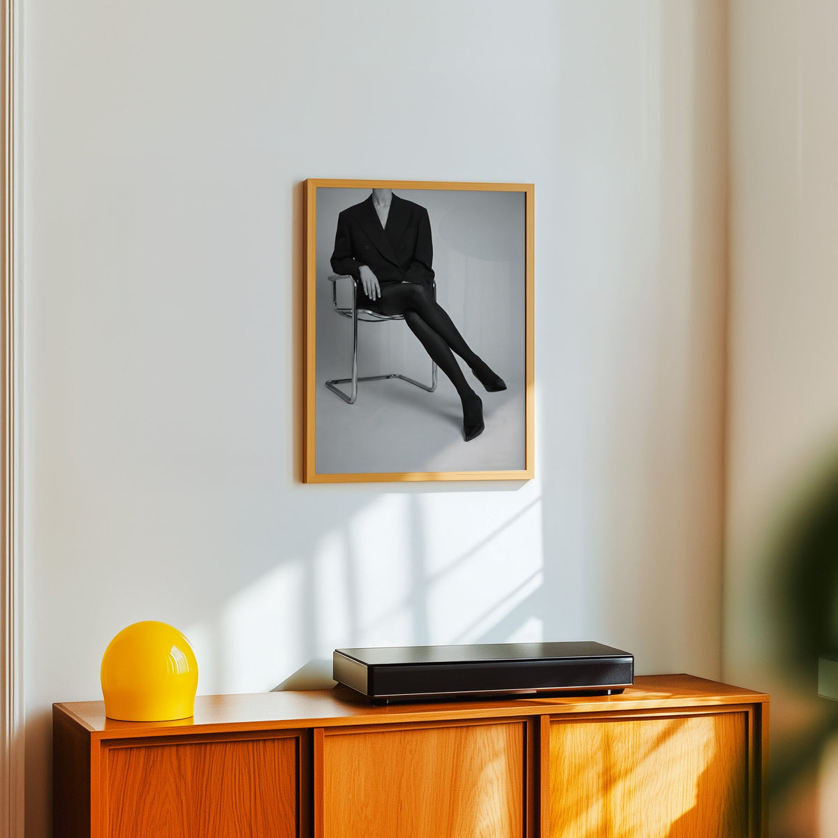 Black and white chrome chair blazer studio print in an oak frame above a teak sideboard with a yellow glass lamp