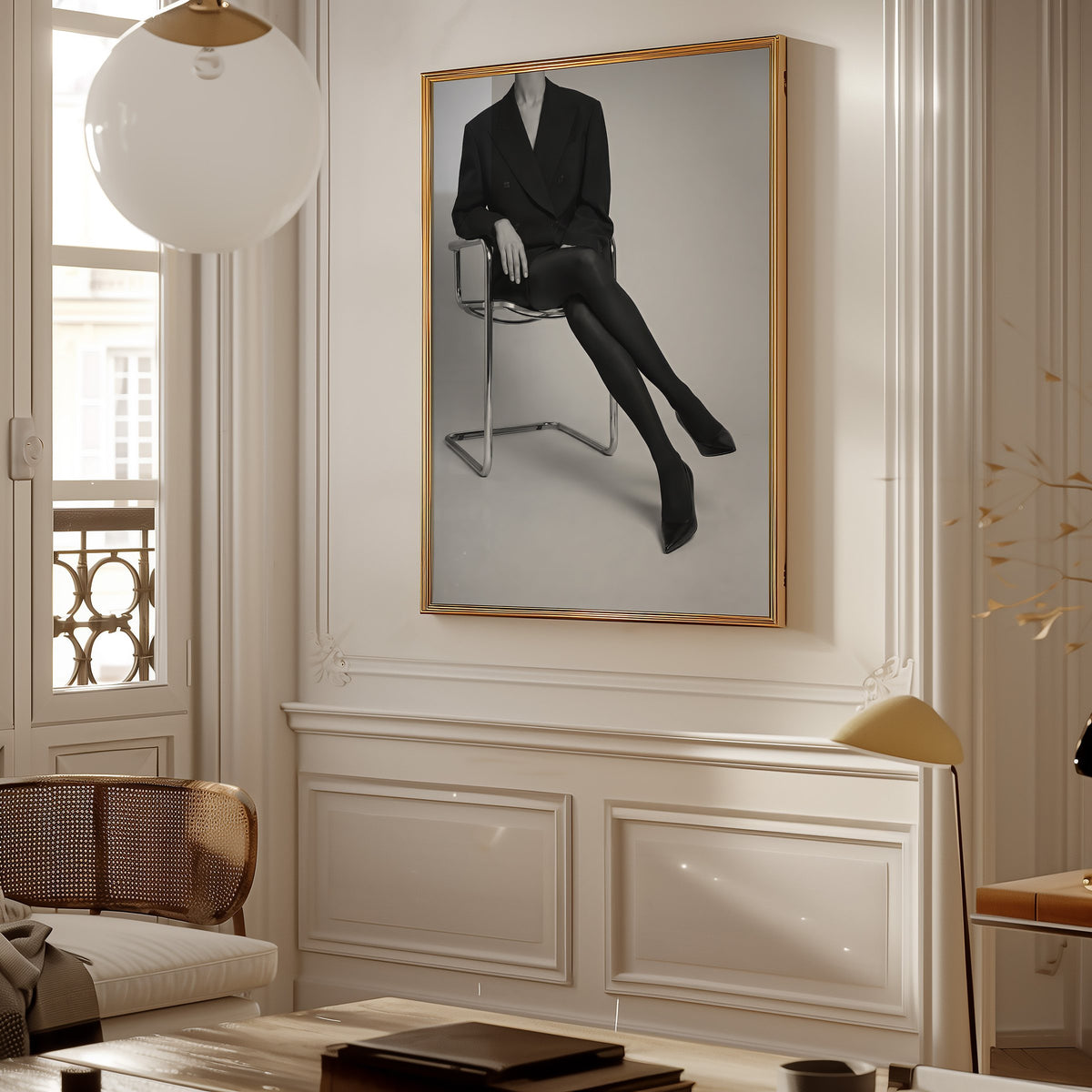 Black and white chrome chair blazer studio print shown in a gold frame in a Parisian paneled living room
