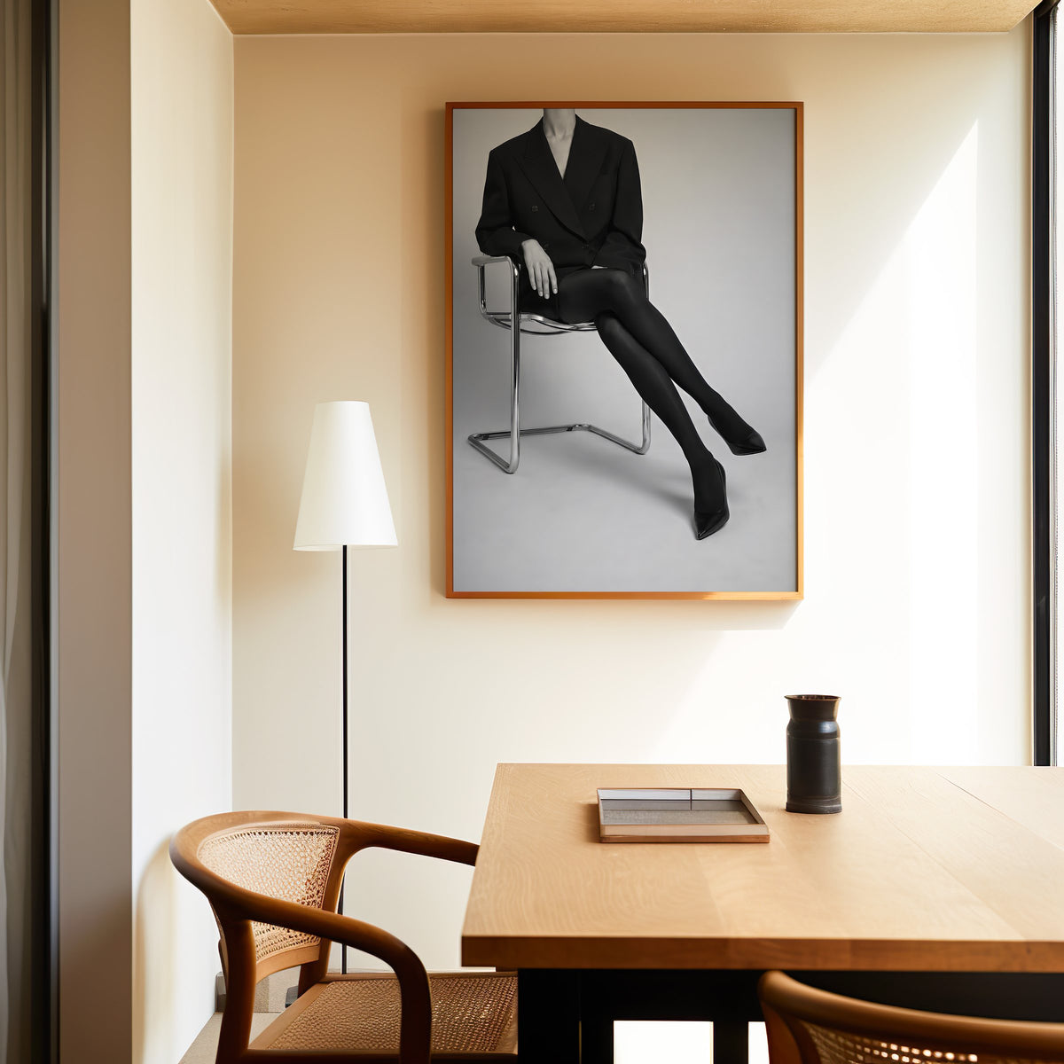 Black and white chrome chair blazer studio print in an oak frame above a dining table and cane chair