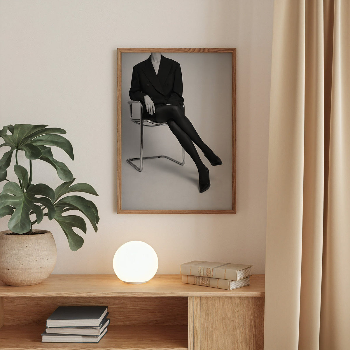 Black and white chrome chair blazer studio print in a walnut frame above an oak cabinet with a glowing globe lamp