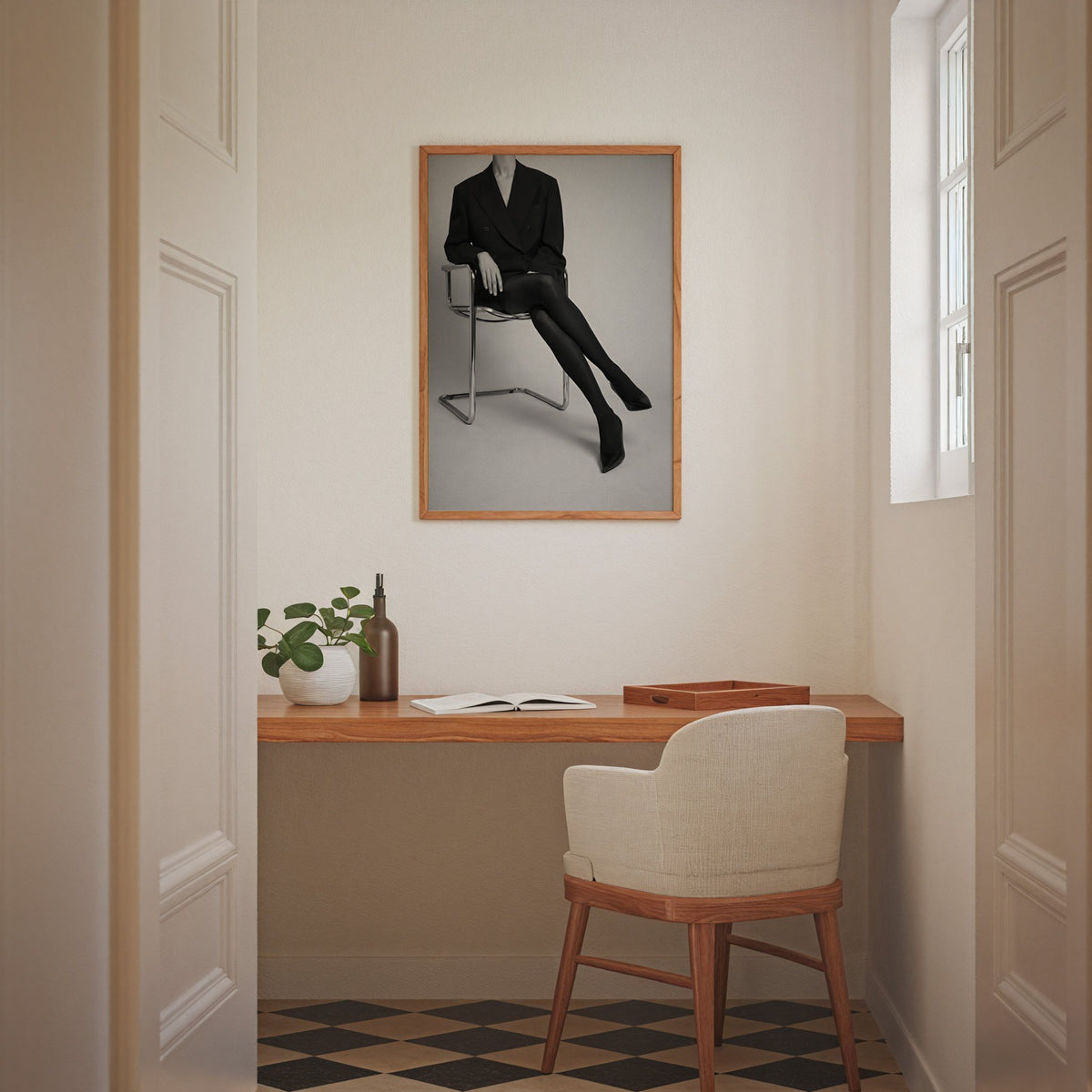 Black and white chrome chair blazer studio print in an oak frame above a home office desk nook