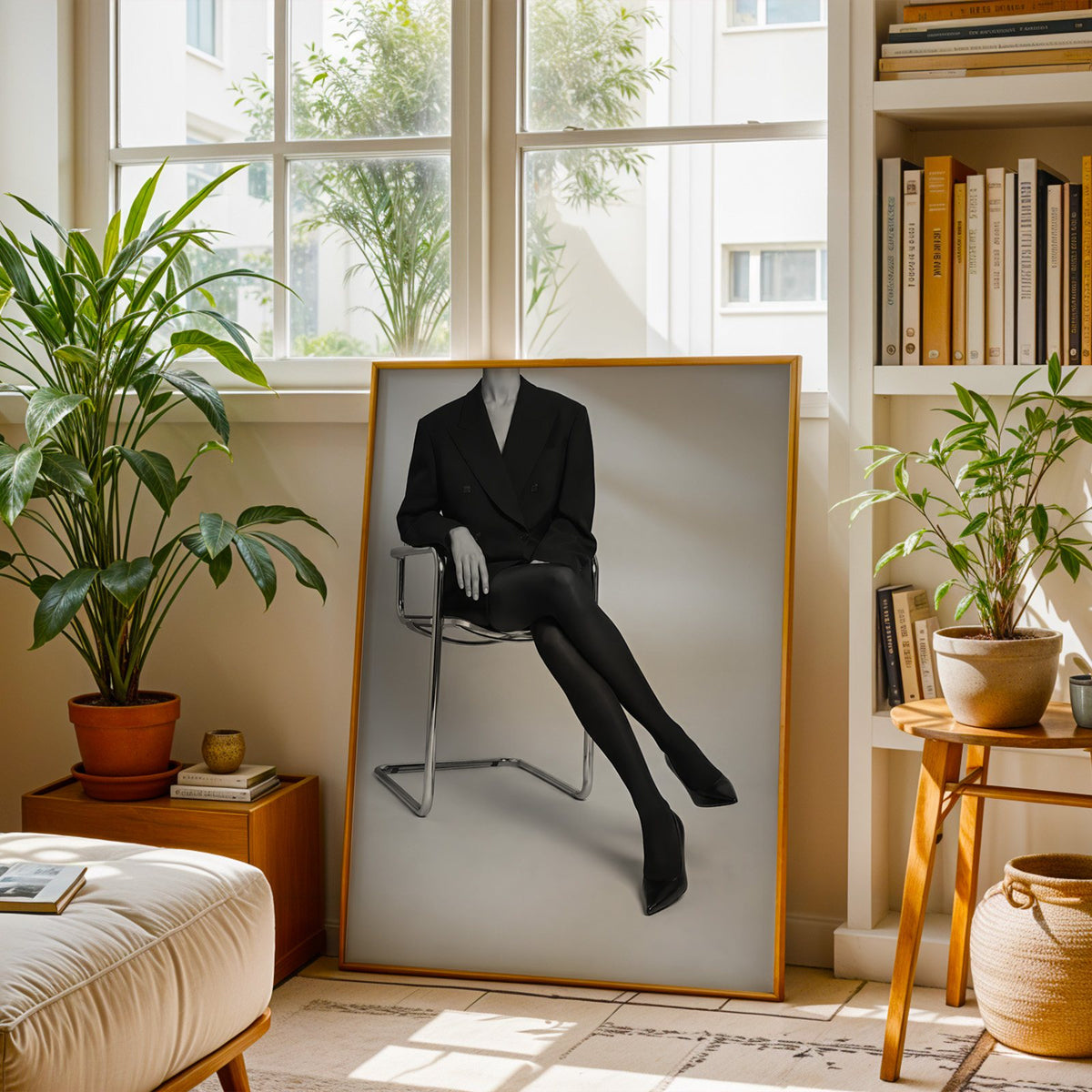 Black and white chrome chair blazer studio print shown in a brass frame leaning on a sunlit living room floor