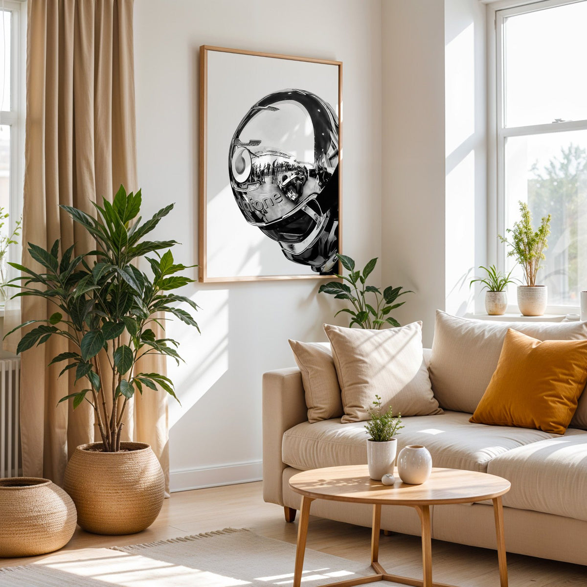 Chrome racing helmet with reflected race cars print in an oak frame above a cream sofa beside woven planters