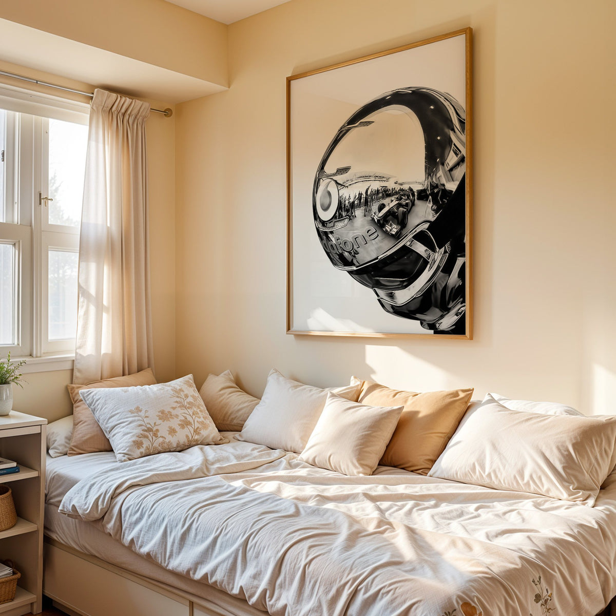 Chrome racing helmet with reflected race cars print in an oak frame above a cream daybed in a sunny bedroom