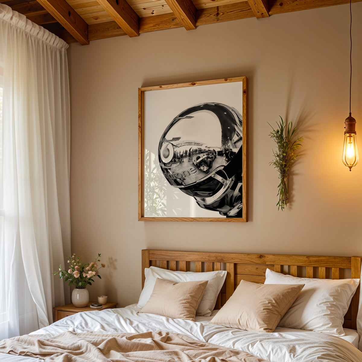 Chrome racing helmet with reflected race cars print in a pine frame above a wood headboard bed under a pendant bulb