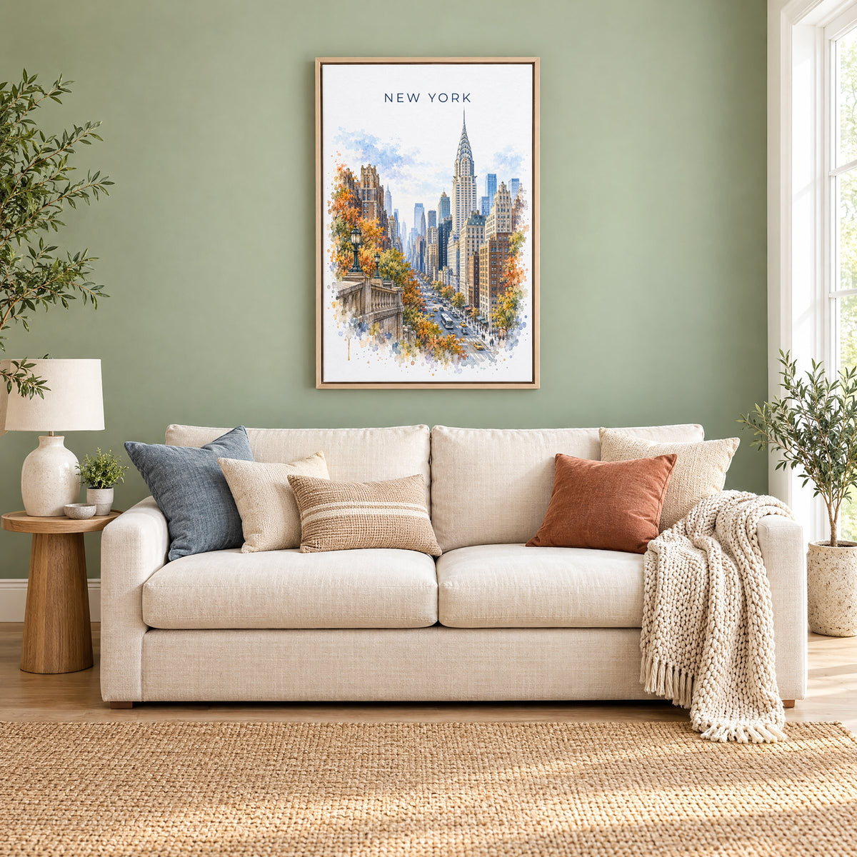 Chrysler Building watercolor print as a natural floater canvas above a cream linen sofa on a sage green wall