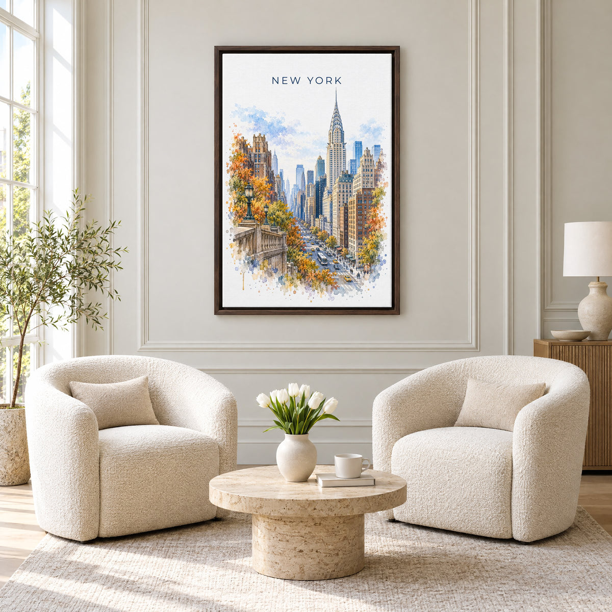 Chrysler Building watercolor print as an espresso floater canvas above two boucle armchairs in a hotel lounge