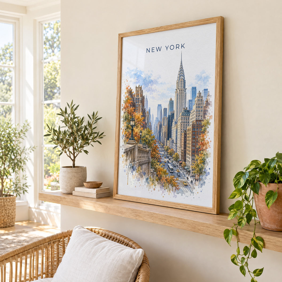 Chrysler Building watercolor print in an oak frame on a picture ledge in a sunlit sunroom
