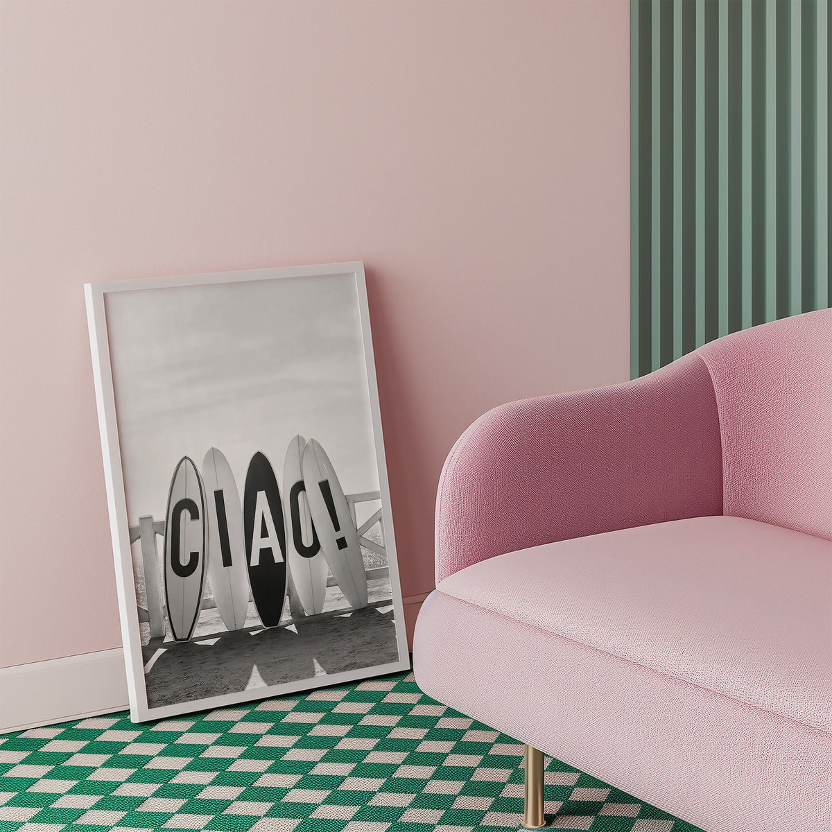 Five surfboards spelling CIAO by a beach fence print in a white frame beside a pink armchair on a checkered floor