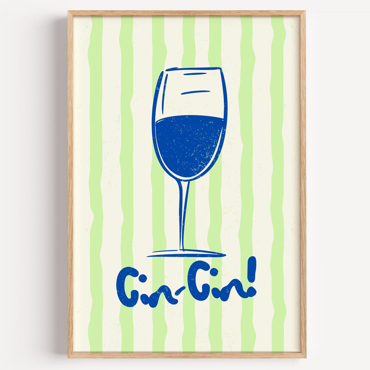 Cin Cin blue glass print in a light oak frame on a plain white wall