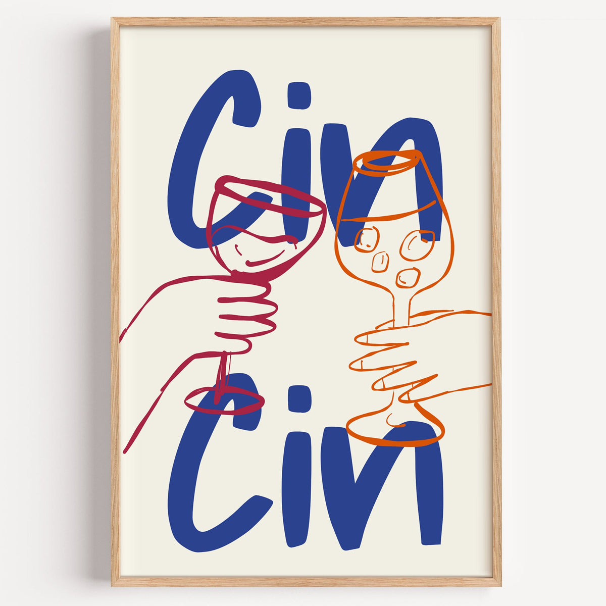 Cin Cin cobalt blue toast print in a light oak frame on a plain white wall