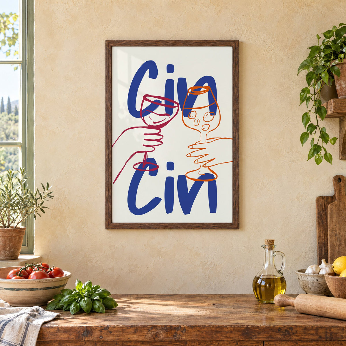 Cin Cin cobalt blue toast print in a walnut frame above a rustic Italian kitchen table with tomatoes