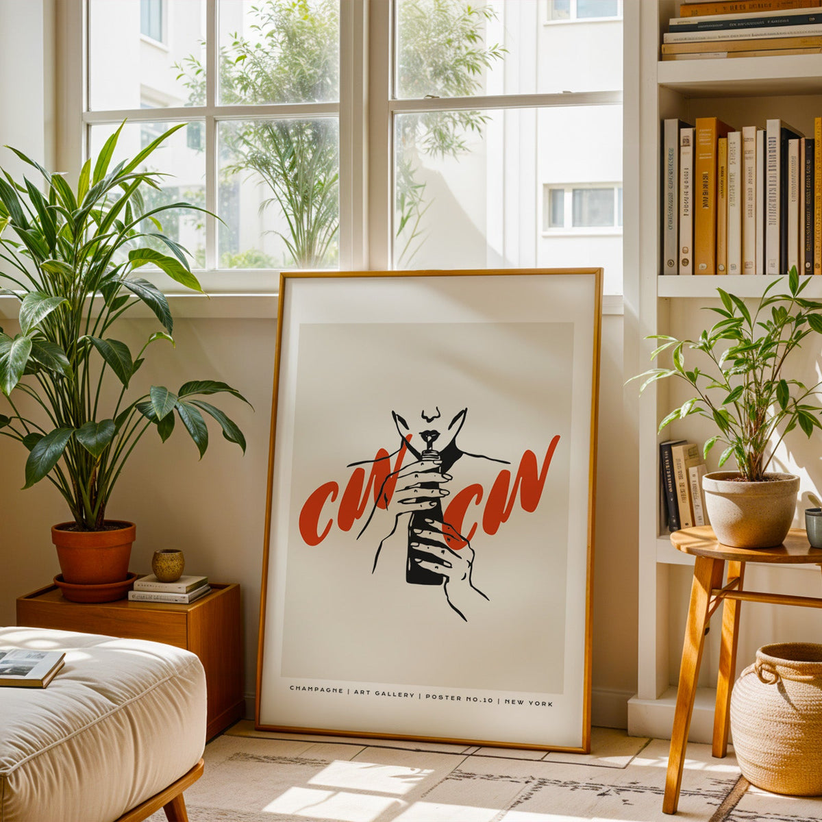 Cin Cin champagne print in a brass frame resting on a berber rug in a living room