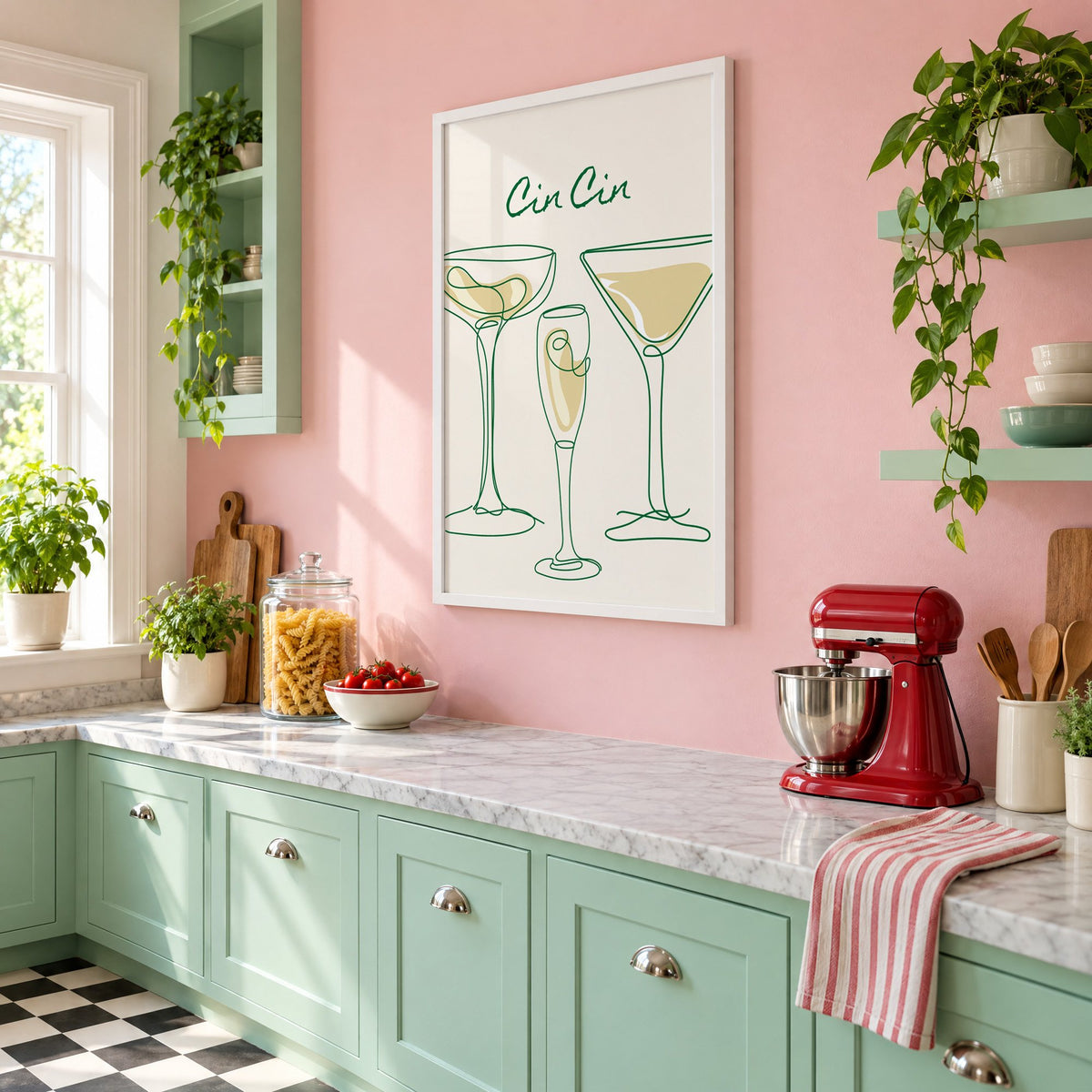 Cin Cin continuous line cocktail glasses print in a white frame on a pink wall above mint green cabinets in a retro kitchen, seen at an angle