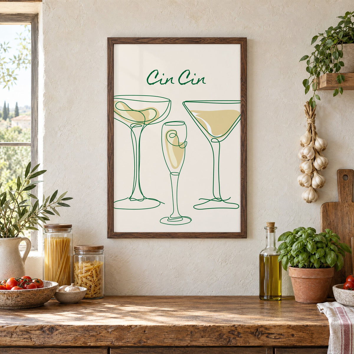 Cin Cin continuous line cocktail glasses print in a walnut frame above a rustic Italian pantry counter with pasta jars, garlic and tomatoes