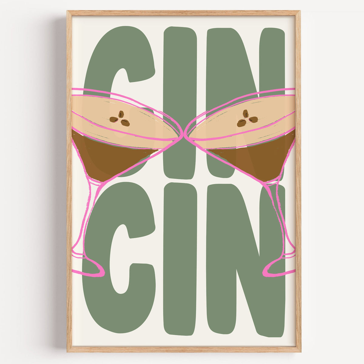 Cin cin espresso martini print in a light oak frame on a plain white wall