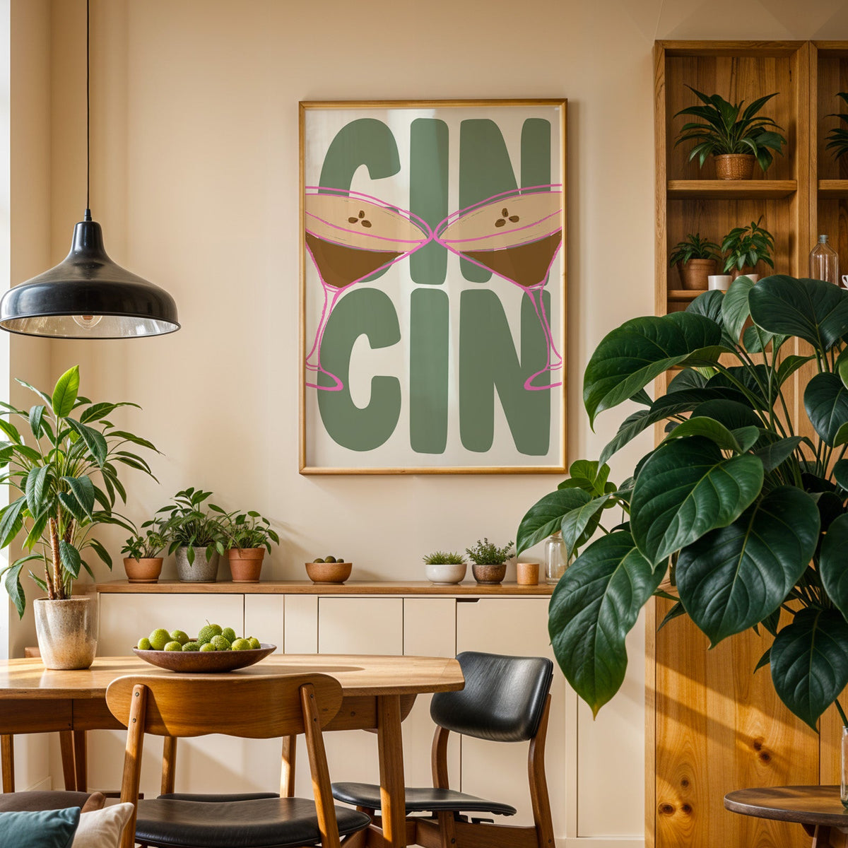 Cin cin espresso martini print in an oak frame above a dining room sideboard