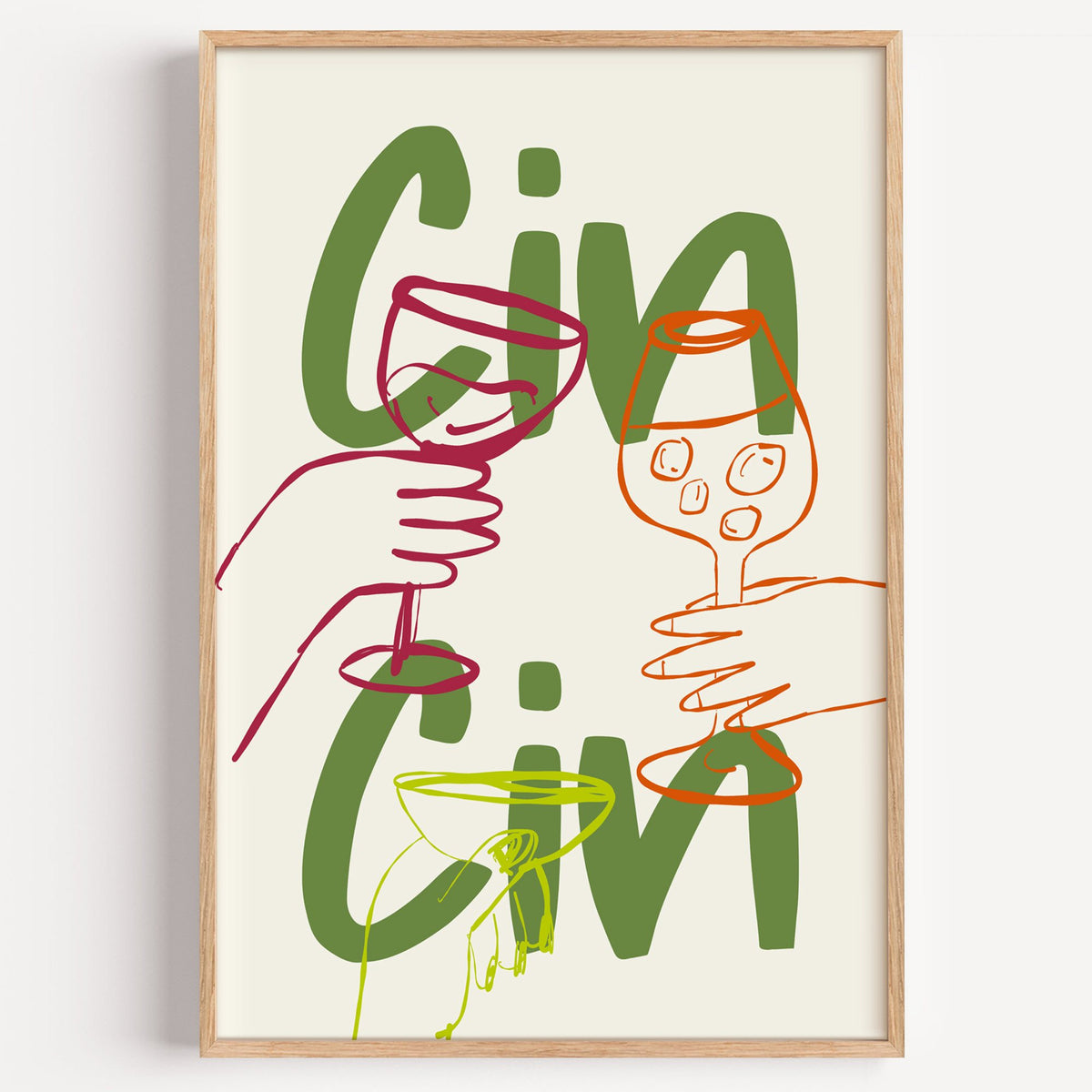 Cin Cin olive green three glasses print in a light oak frame on a plain white wall