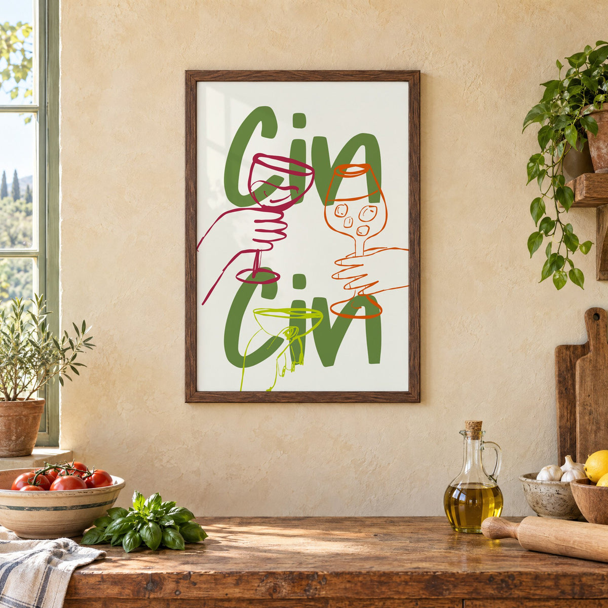 Cin Cin olive green three glasses print in a walnut frame above a rustic Italian kitchen table with tomatoes
