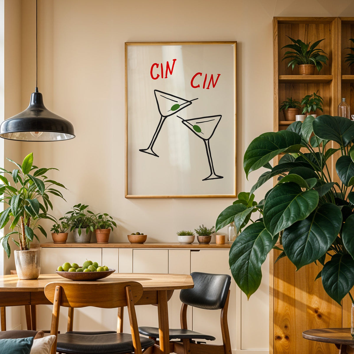 Cin cin olive martini print in an oak frame above a dining room sideboard