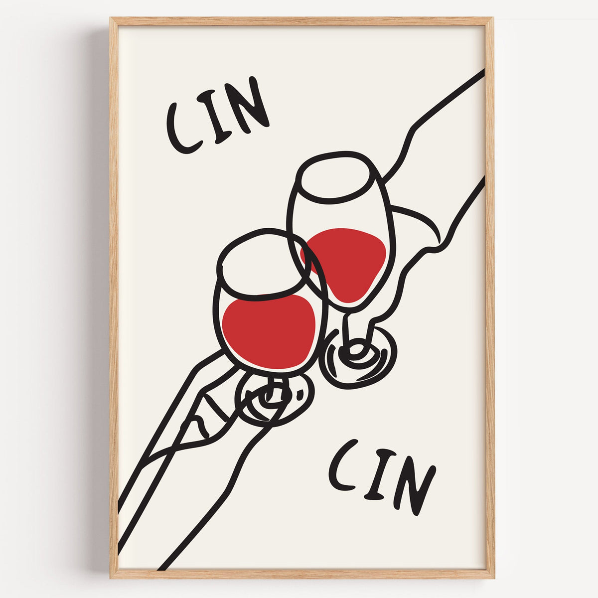 Cin cin red wine line art print in a light oak frame on a plain white wall