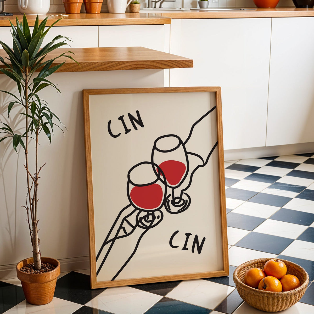 Cin cin red wine line art print in an oak frame by a kitchen island and checkered floor