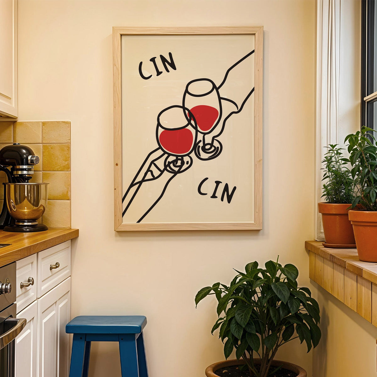 Cin cin red wine line art print in a wood frame on a yellow tiled kitchen wall