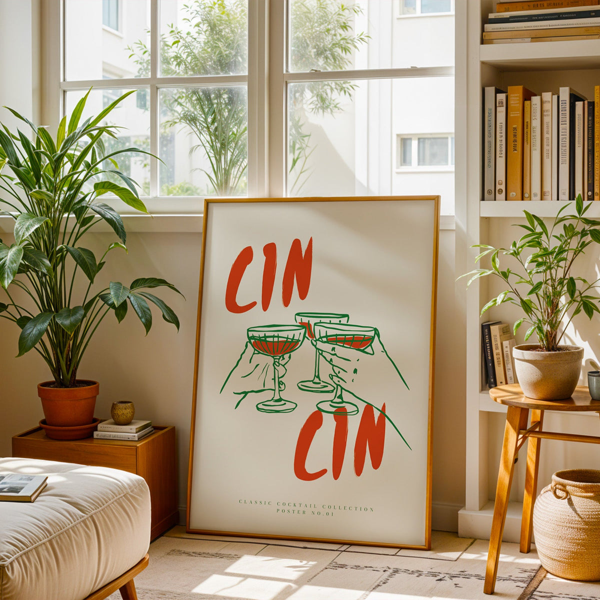 Cin Cin three coupes print in a brass frame resting on a berber rug