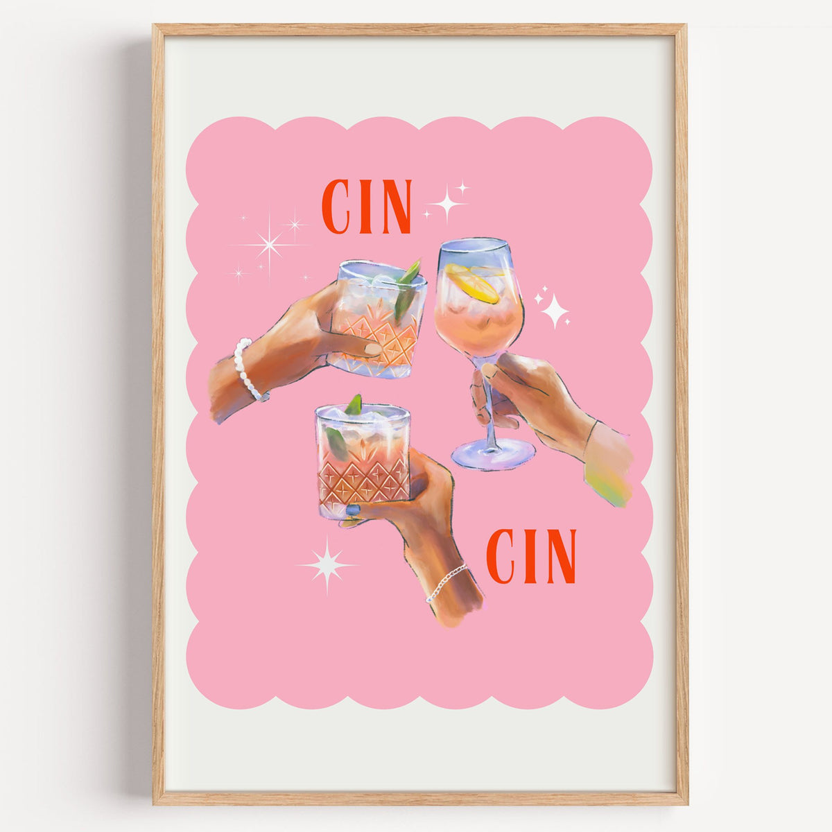 Cin Cin three hands toasting print in a light oak frame on a plain white wall