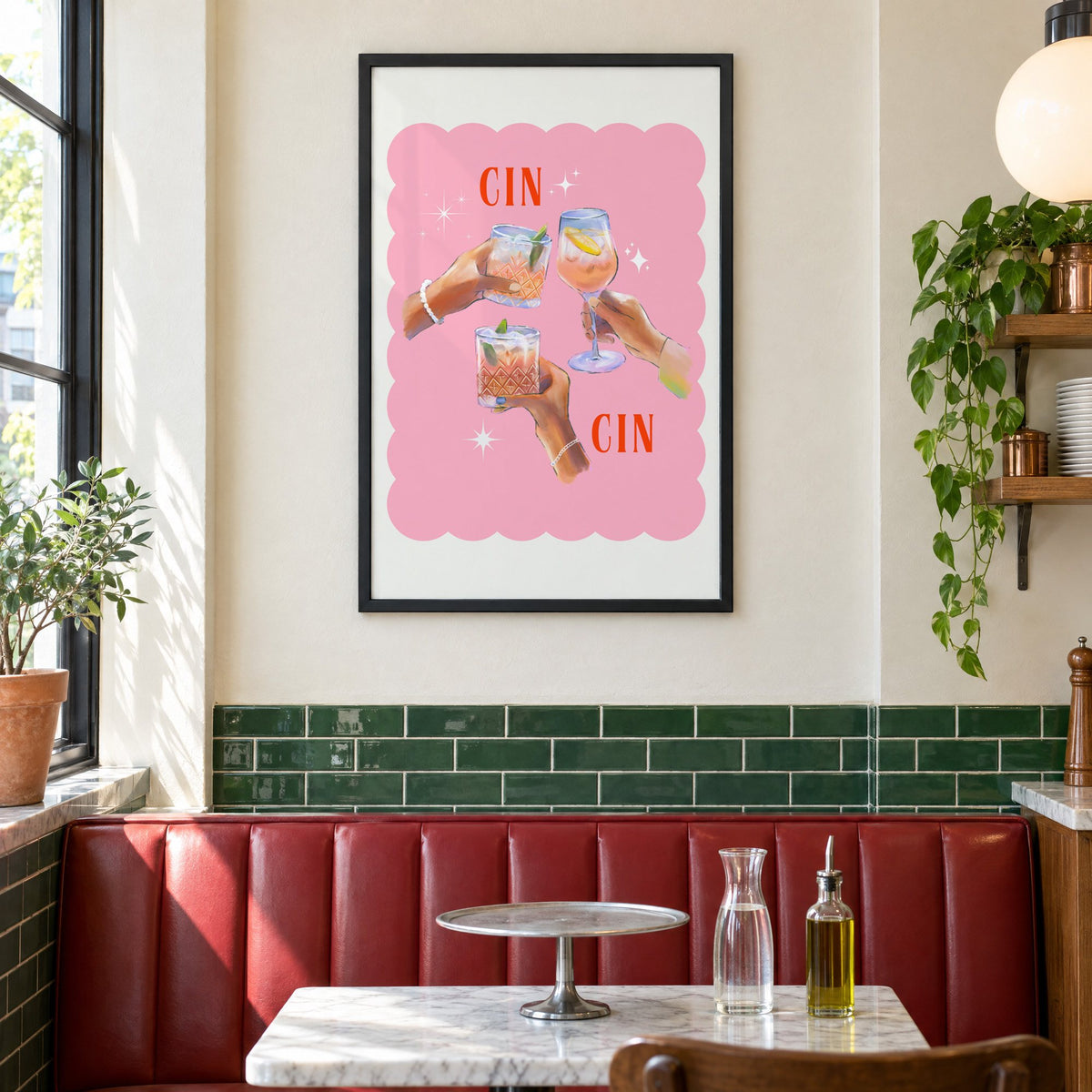Cin Cin three hands toasting print in a black frame above a red leather booth in a sunny pizzeria