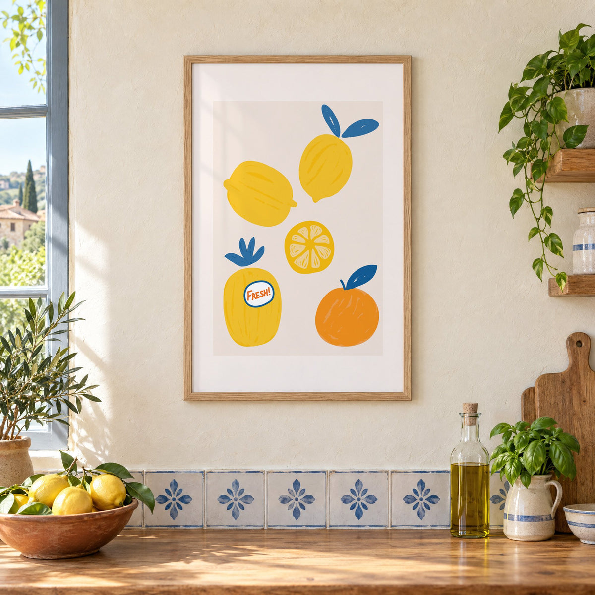 FRESH! sticker lemons and orange print in an oak frame on a cream plaster wall above a worktop with a bowl of lemons and blue-and-white tiles