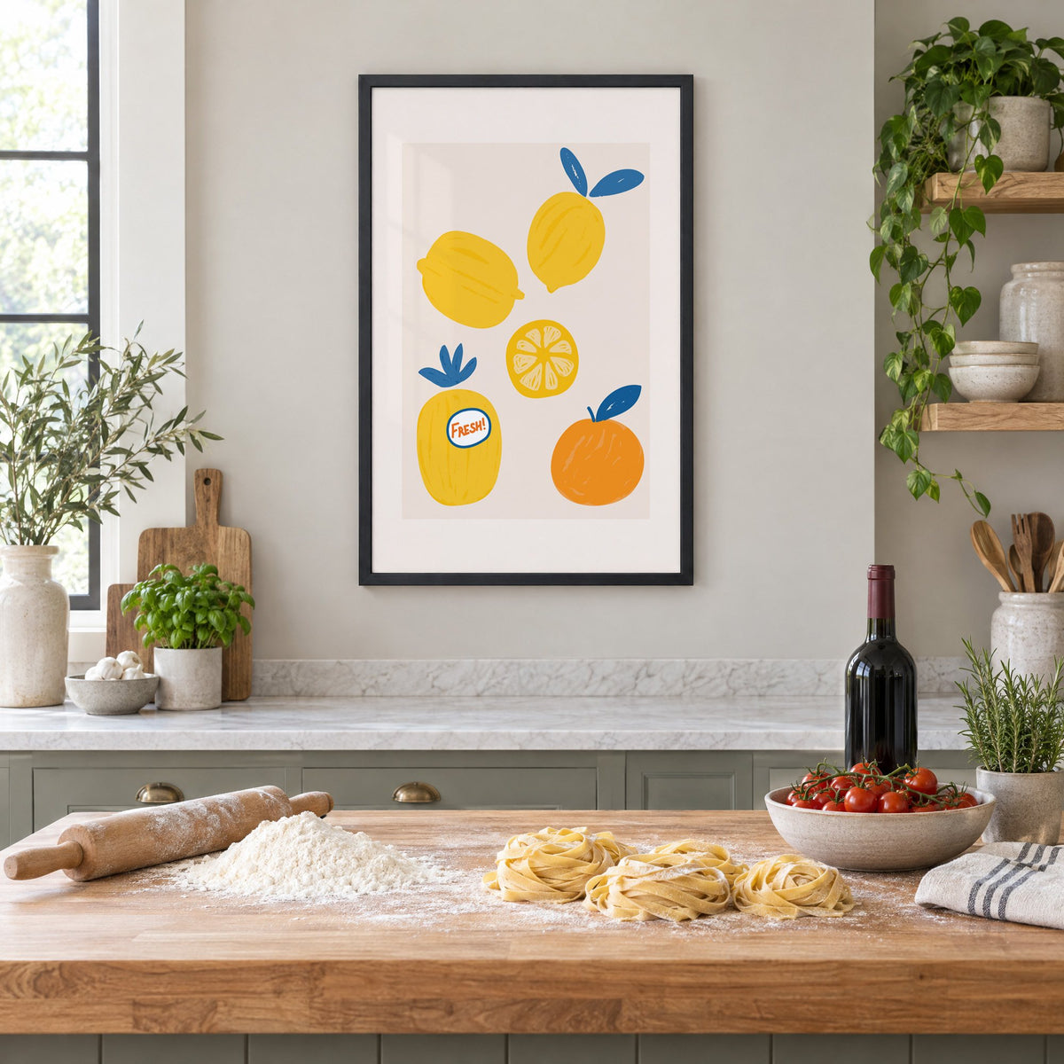 FRESH! sticker lemons and orange print in a black frame above a butcher-block island with fresh pasta, flour and cherry tomatoes