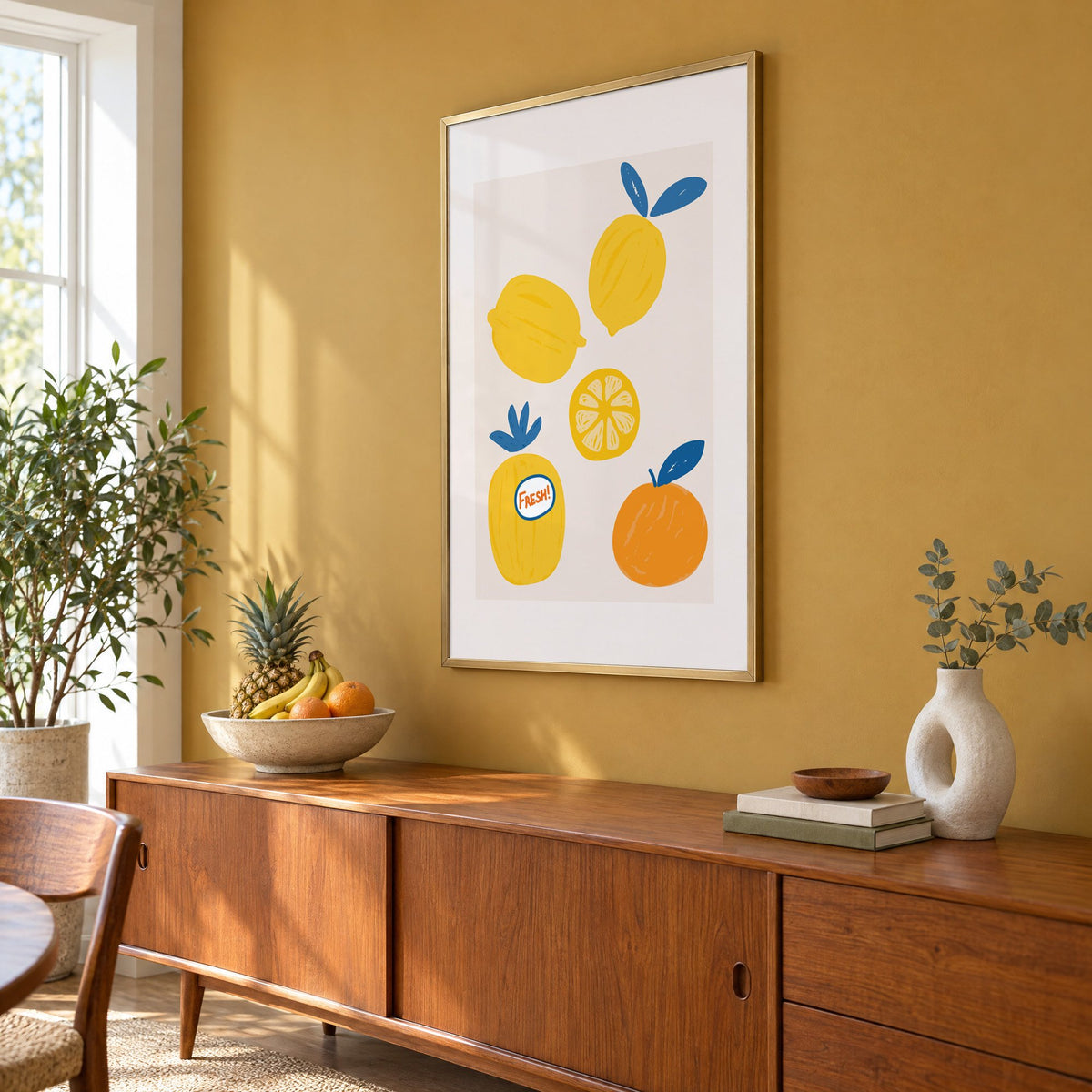 FRESH! sticker lemons and orange print in a brass frame on a mustard wall above a teak sideboard with a fruit bowl, seen at an angle