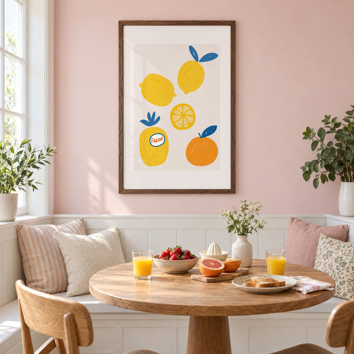 FRESH! sticker lemons and orange print in a walnut frame on a pastel pink wall above a breakfast nook with strawberries and orange juice