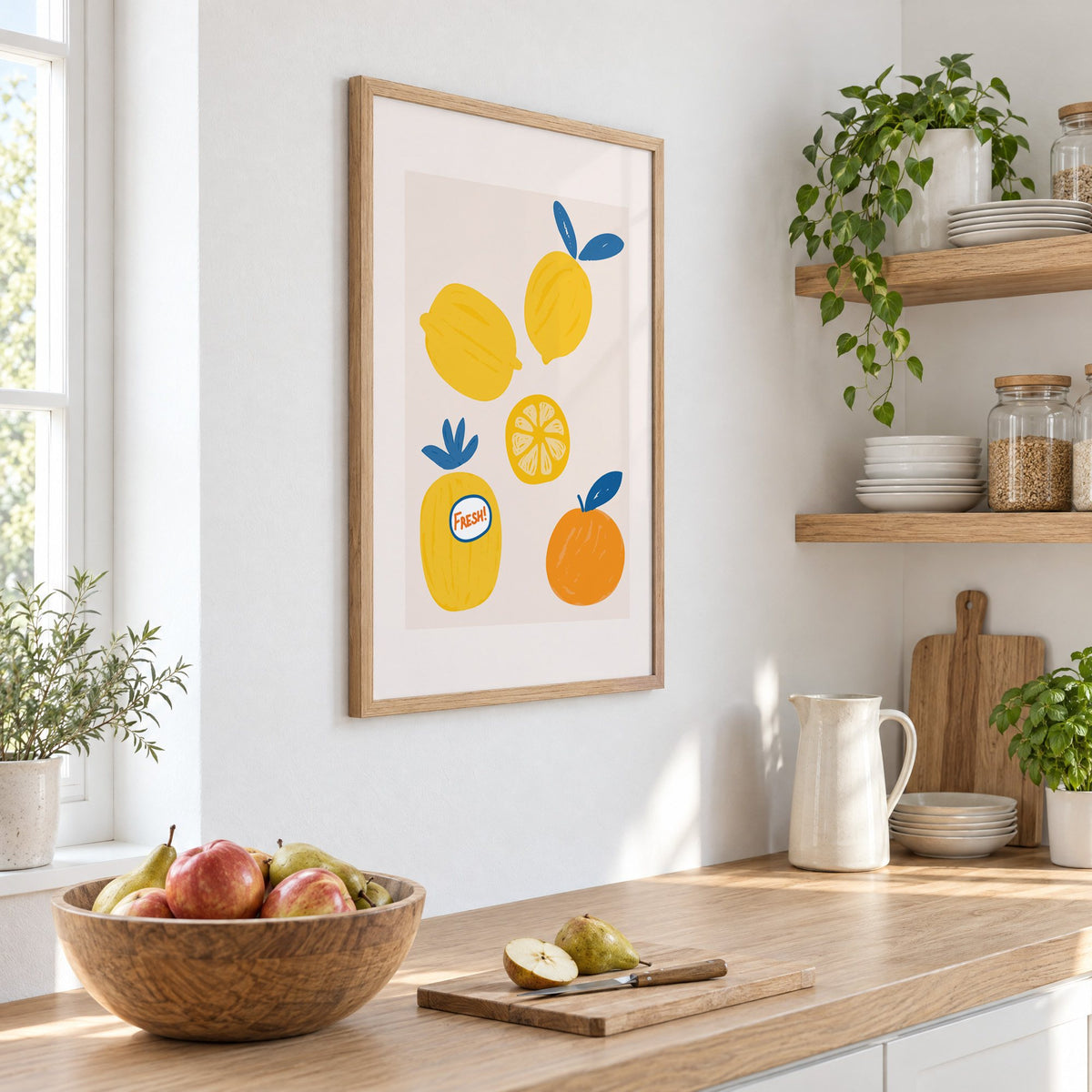 FRESH! sticker lemons and orange print in an oak frame on a white kitchen wall above a counter with apples and pears, seen at an angle