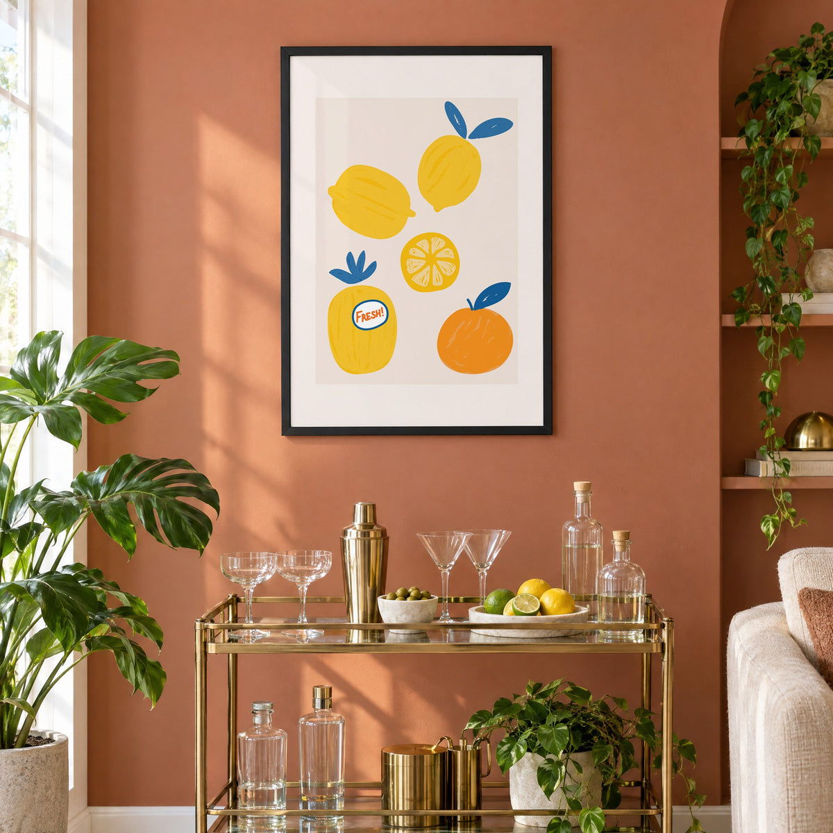 FRESH! sticker lemons and orange print in a black frame on a terracotta wall above a brass bar cart with coupes and citrus