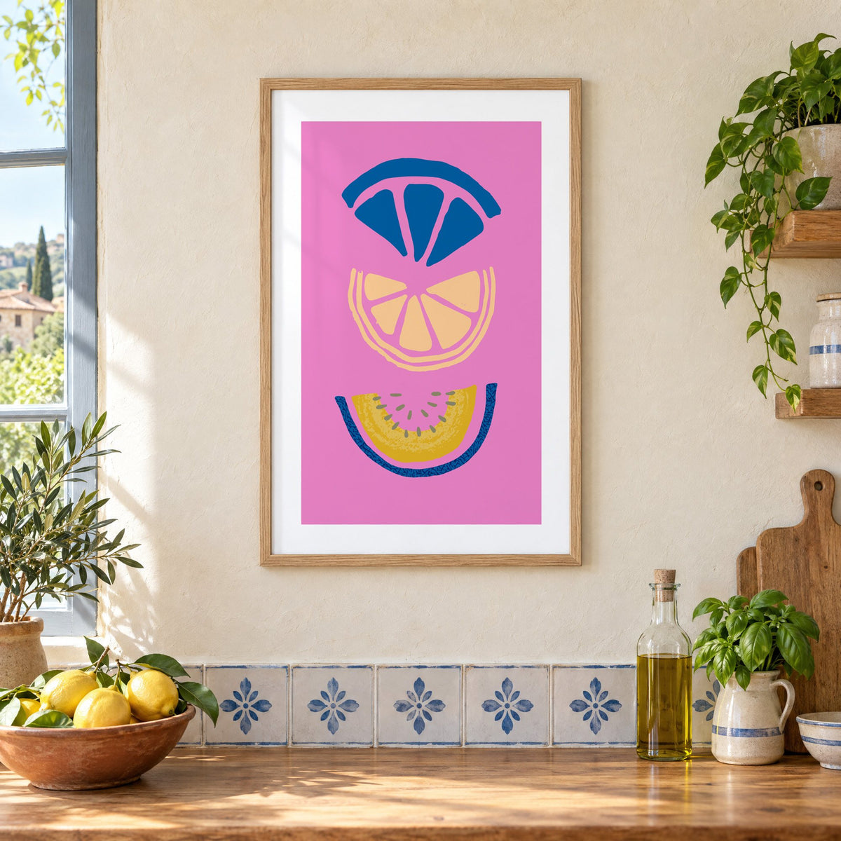 stacked citrus and melon slices hot pink print in an oak frame on a cream plaster wall above a worktop with a bowl of lemons and blue-and-white tiles