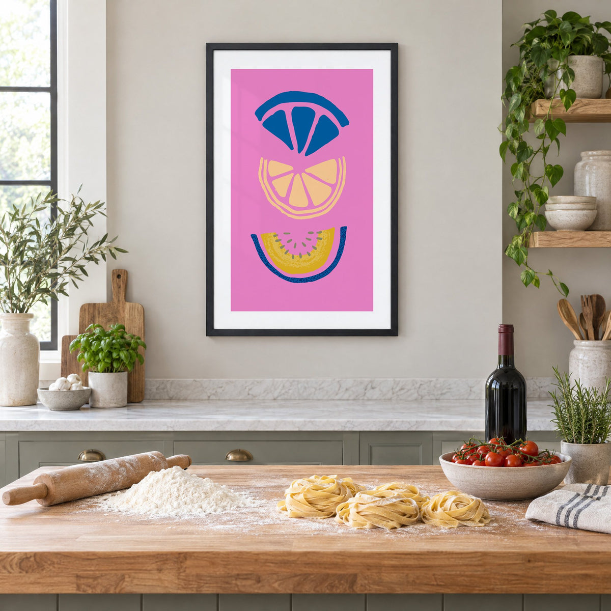 stacked citrus and melon slices hot pink print in a black frame above a butcher-block island with fresh pasta, flour and cherry tomatoes