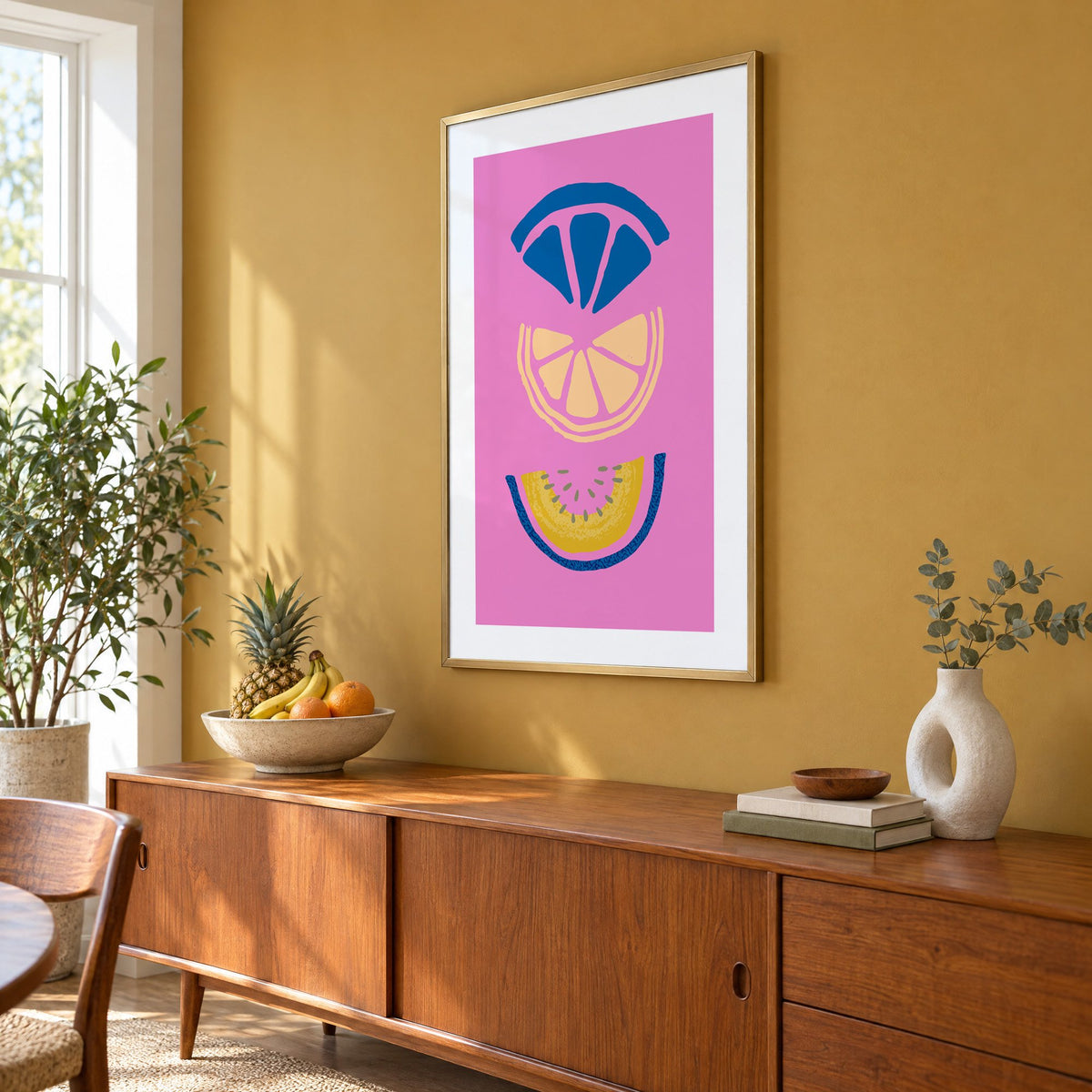 stacked citrus and melon slices hot pink print in a brass frame on a mustard wall above a teak sideboard with a fruit bowl, seen at an angle