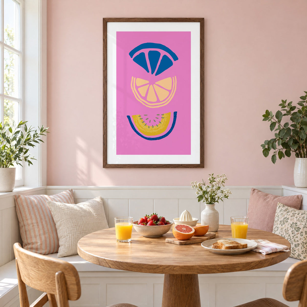 stacked citrus and melon slices hot pink print in a walnut frame on a pastel pink wall above a breakfast nook with strawberries and orange juice