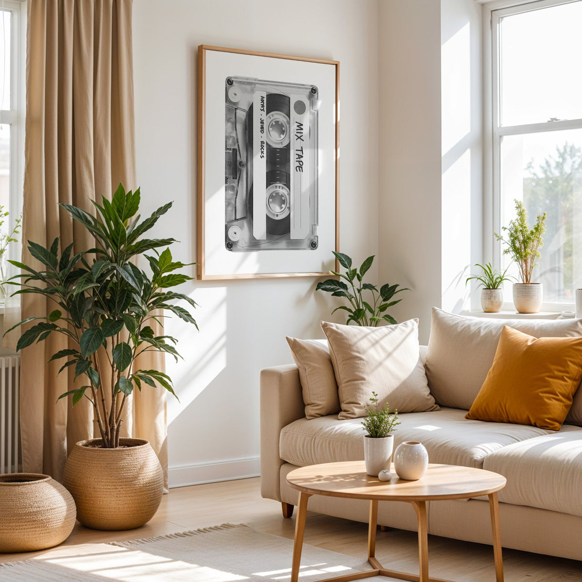 Clear mix tape cassette with handwritten label print in an oak frame above a cream sofa beside woven planters