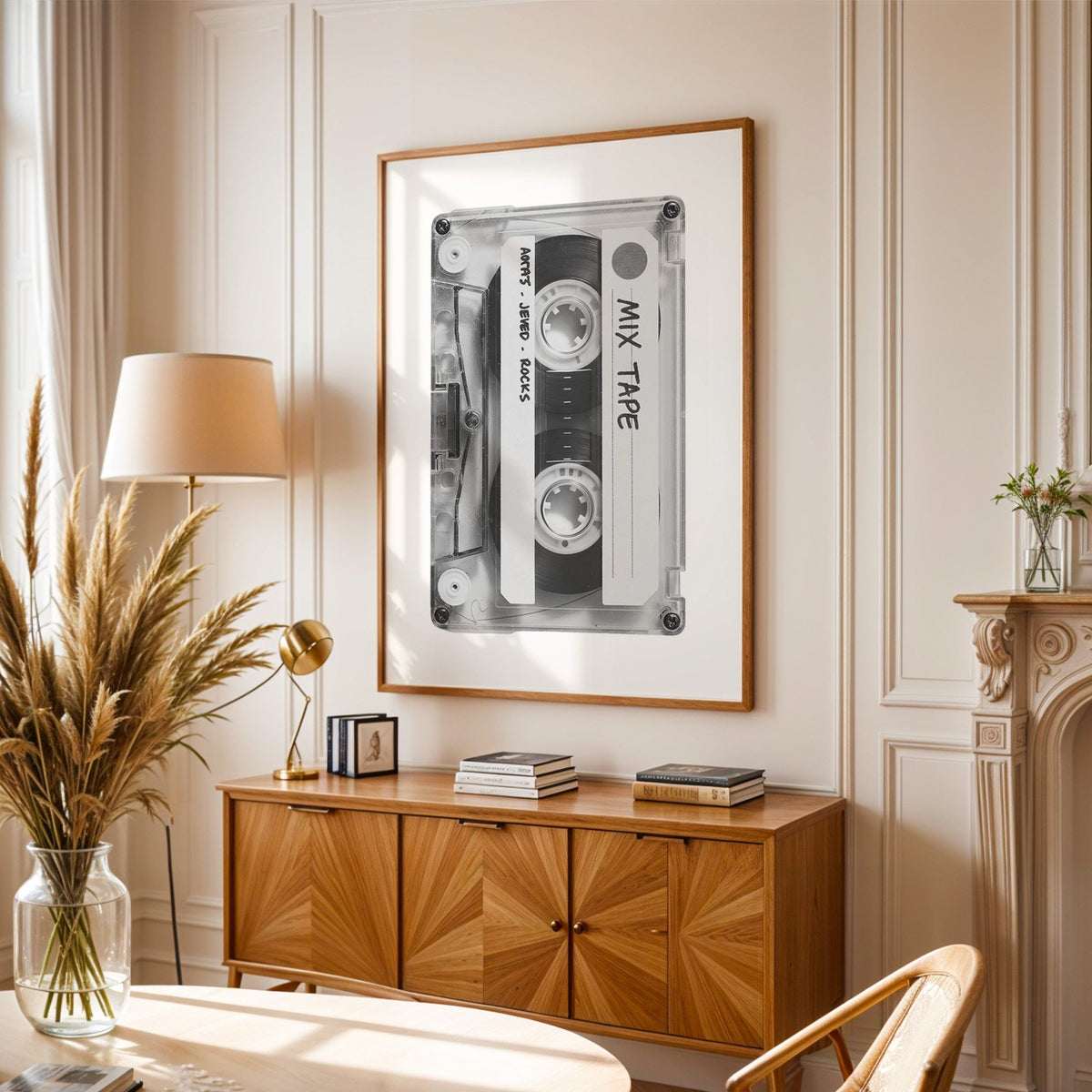 Clear mix tape cassette with handwritten label print in an oak frame above a sunburst wood sideboard with pampas grass