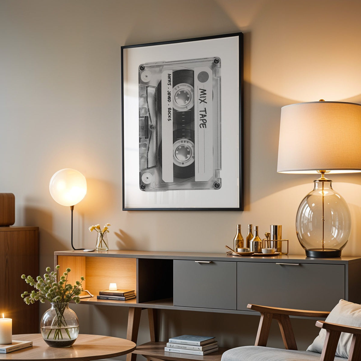 Clear mix tape cassette with handwritten label print in a black frame above a grey media console with a glass table lamp