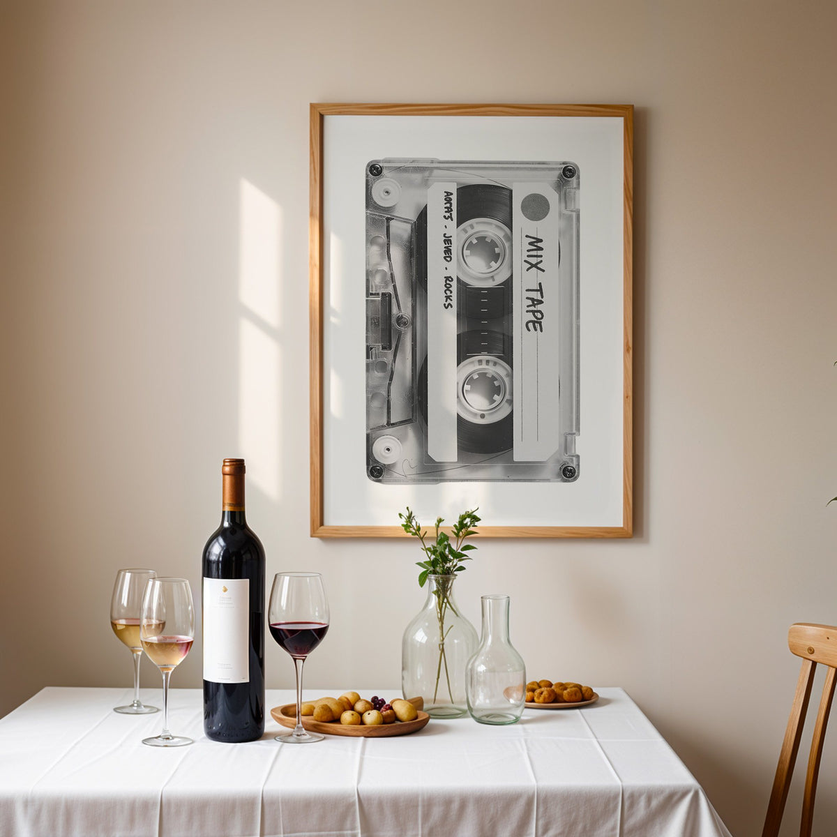 Clear mix tape cassette with handwritten label print in an oak frame above a table set with red wine and glasses