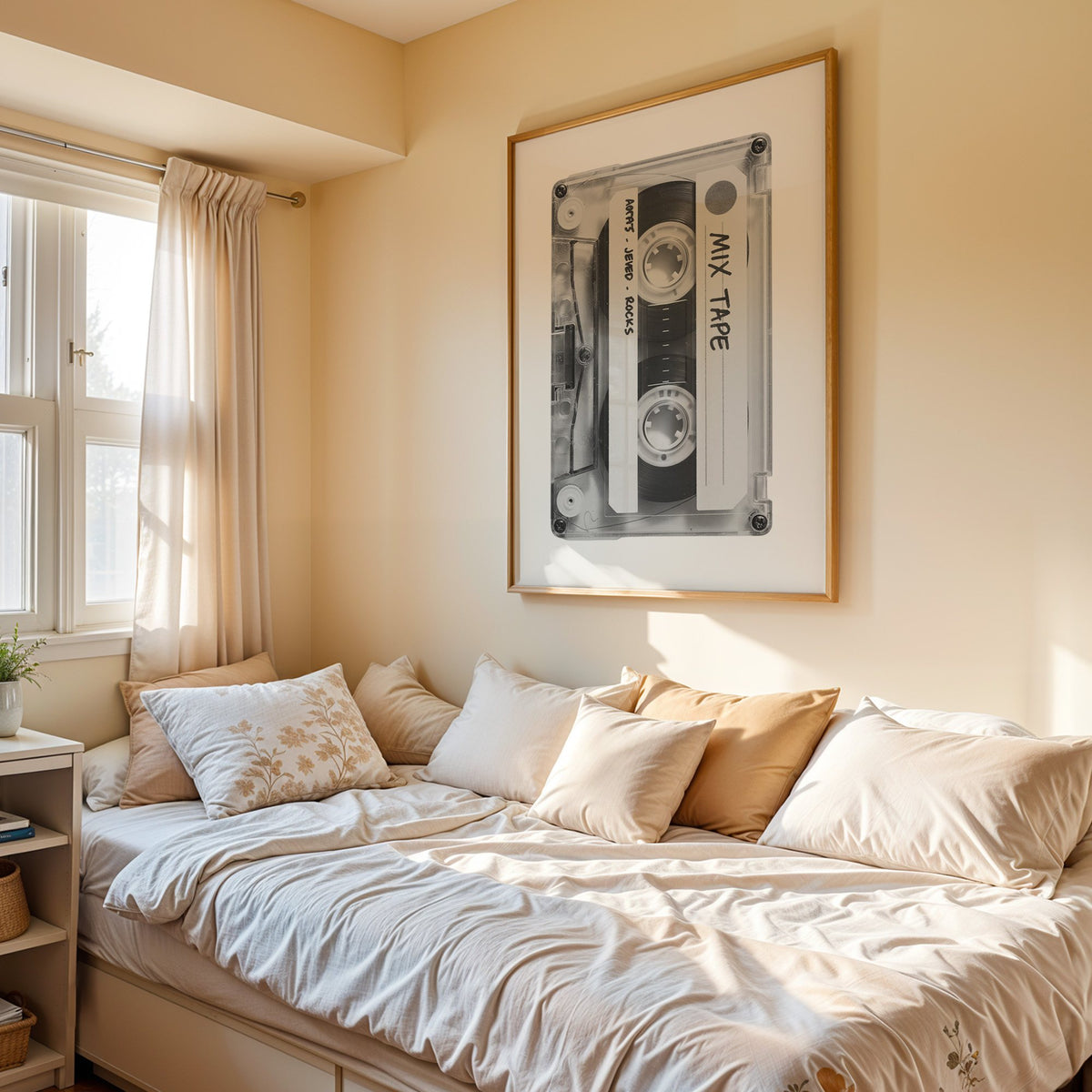 Clear mix tape cassette with handwritten label print in an oak frame above a cream daybed in a sunny bedroom
